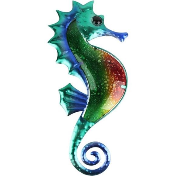 Metal Green Seahorse Wall Decor Outdoor Indoor Wall Art Sculpture Hanging Glass - Picture 1 of 7